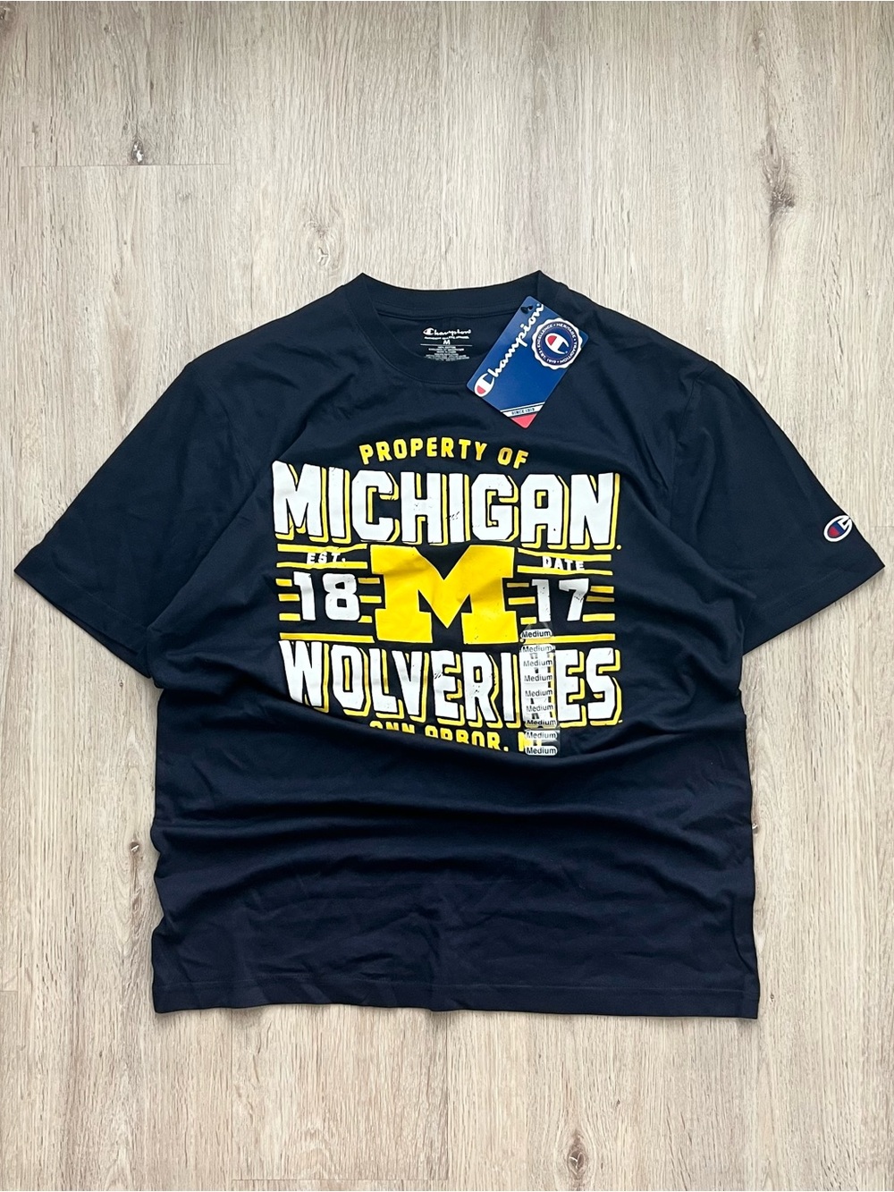 Champion Michigan Wolverines T-Shirt Mens Medium Navy Blue Graphic Embroidered